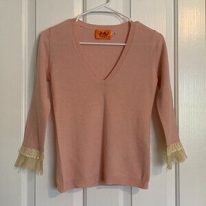 Small, light pink, cashmere, Juicy Couture V-neck sweater with lacy cuffs